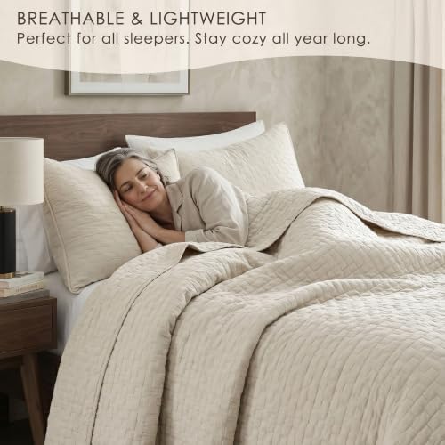 R.SHARE Beige 100% Cotton Quilt Set California King Size, Textured