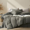 JELLYMONI 100% Cotton Queen Duvet Cover Set, Washed Linen-Like Texture