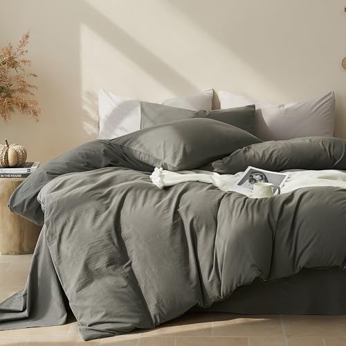JELLYMONI 100% Cotton Queen Duvet Cover Set, Washed Linen-Like Texture