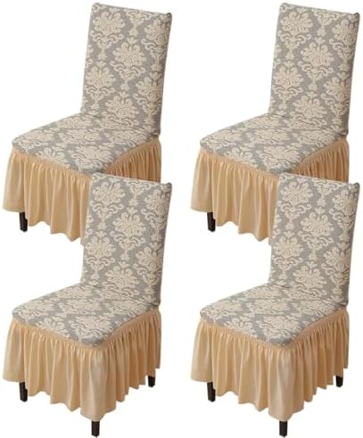 Rakila 4PK Jacquard Stretch Dining Chair Covers with Skirt Beige