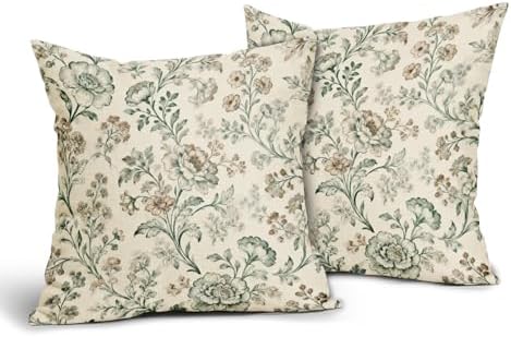 Sage Green Brown Vintage Floral Pillow Covers 22x22 Inch Set of 2