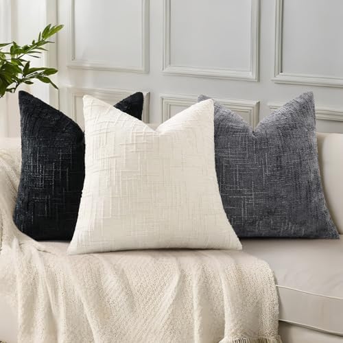 decorUhome Textured Chenille Throw Pillow Covers 18x18 Set of 2 Black