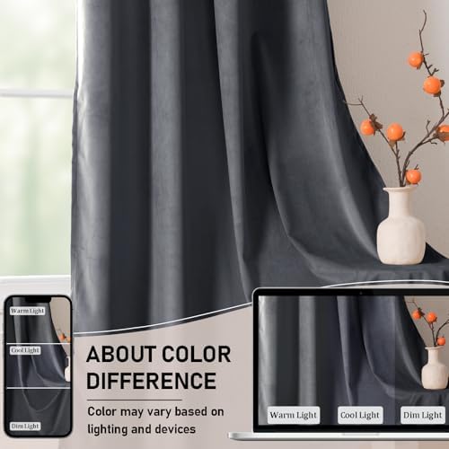 JIUZHEN Dark Grey Velvet Blackout Curtains 52W x 120L 2 Panels