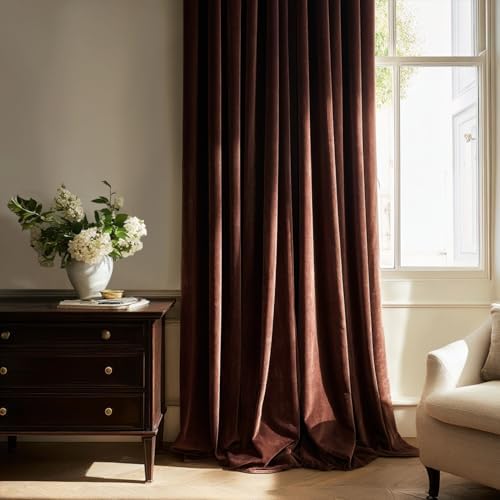 Dark Brown Velvet Blackout Curatins 84 Inches 2 Panels Heavy Thick