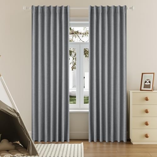 DUALIFE Full Blackout Grey Curtains 63 Inch Long Linen Textured
