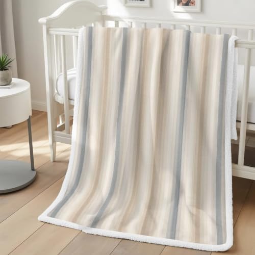 Fleece Sherpa Bed Blankets, Brown Gray Striped Microfiber Plush