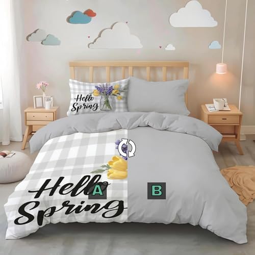 Spring Plant Illustration Duvet Cover King Size, Hand-Drawn Plaid