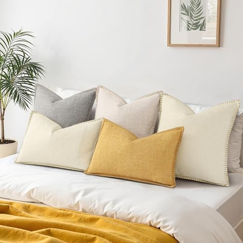 decorUhome Beige Faux Linen Outdoor Throw Pillow Covers 20x20 Set of 2