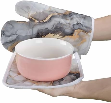 Quilted Cotton Terry Cloth Oven Mitt, Pot Holder Abstract Marble Grey
