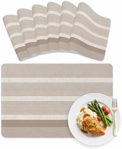 Brown Stripes Vintage Linen Leather Placemats Set of 6,12x18