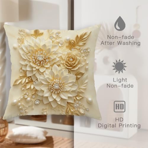 Elegant Floral Printing Pillow Covers Set of 2, Cream Gold Decorative