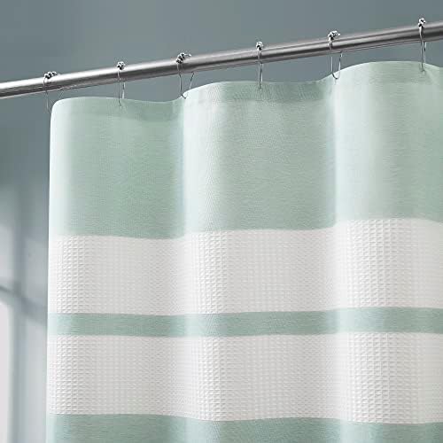 Warm Home Designs White Waffle Shower Curtain with Green Stripes. W