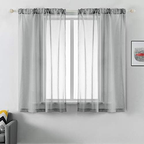 DUALIFE Grey Sheer Curtains 63 Inch Length,Faux Linen Semi Sheer