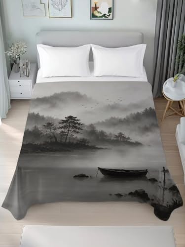 Cal King Size Flat Sheet Only, Foggy Forest Mountain Tree Boat on Lake