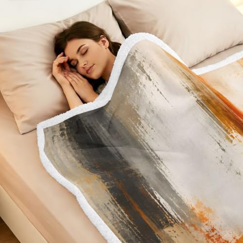 Fleece Sherpa Bed Blankets, Orange Beige Gray Microfiber Plush Flannel
