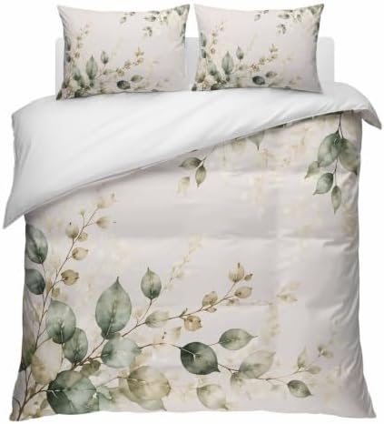 Sage Green Leaf Queen Duvet Cover Set, Botanical Watercolor Eucalyptus