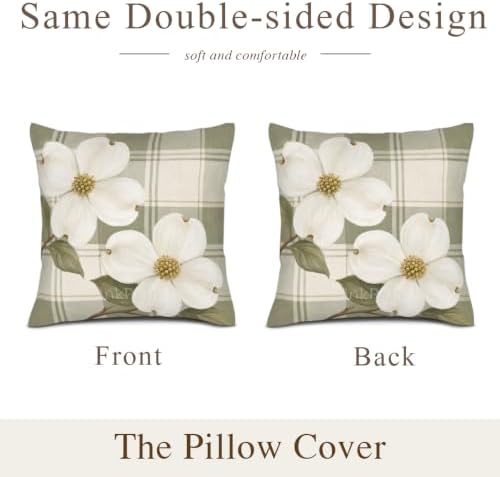 InkRain Dogwood Flower White Sage Green Plaid Pattern Theme Pillow