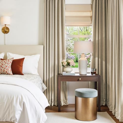 Lazzzy Beige Velvet Curtains Neutral Grommet 52×84 Inch 2 Panels