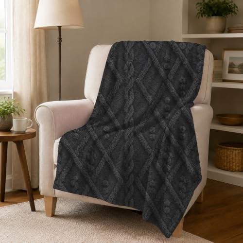 Charcoal Cable Knit Pattern Print Throw Blanket, Soft Lightweight