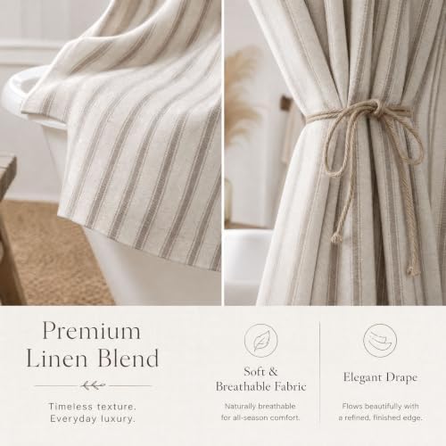Farmhouse Striped Shower Curtain Taupe Vintage Linen Curtain 72"W X