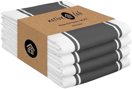 Native Fab Gray Kitchen Dish Towels 18x28 Inch, Set of 4, Wide Stripe