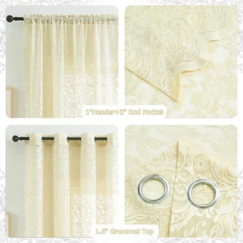 Bujasso Ivory Lace Sheer Curtains 108 inch Vintage Floral Sheer Window