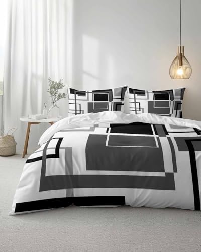 Duvet Cover Set Queen, Geometric Grey Black Abstract Art 3 Piece
