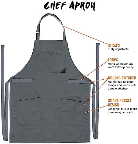 Under NY Sky Chef Apron, Smart Pockets, Cotton Straps, Unisex, Gray