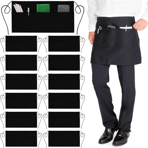 Black Half Waist Apron with 3 Pockets for Waiters, 24x12 in