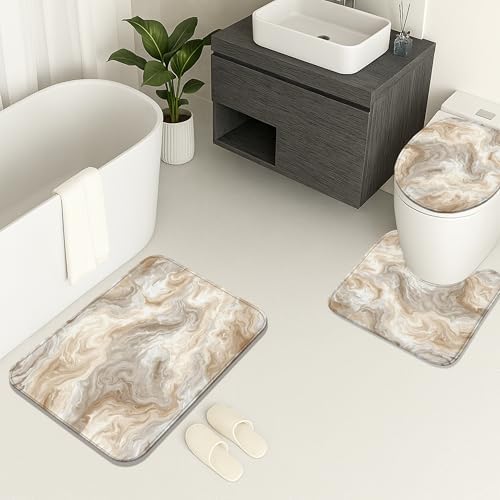 Marbled Beige Bathroom Mat Sets 3 Piece, Elegant Neutral Abstract