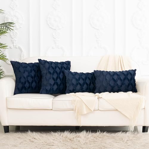 Faux Fur Plush Soft Navy Blue Throw Pillow Covers 18x18 Pack of 2