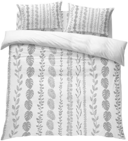 Grey Leaf Striped King 4 Piece Duvet Cover Set, Summer Botanical