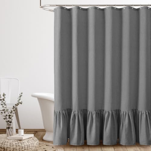 QiyI Boho Ruffle Shower Curtain, Natural Linen Fabric, Grey, 72 x 72