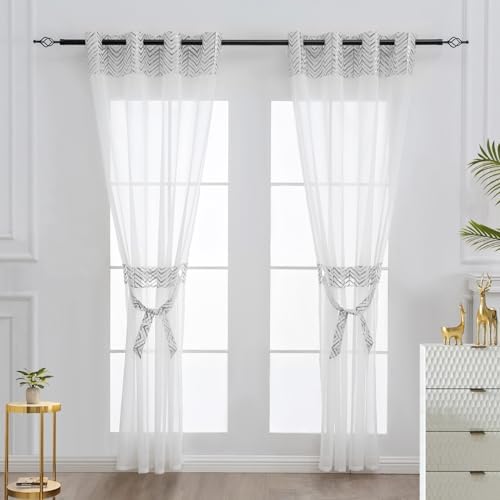 L.Z.E White Sheer Curtains 63 Inch Length 2 Panels Set, Elegant Silver