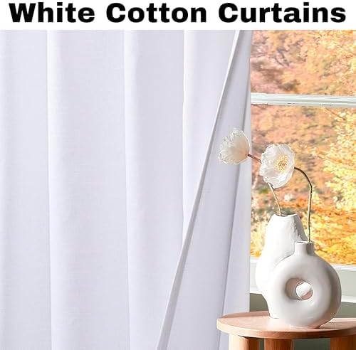 Bedding Craft White Cotton Curtains,63 Inch Tab Top Cotton Curtain Set