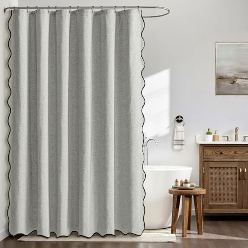 MIULEE Light Grey Scalloped Linen Shower Curtain 72x72 Inches