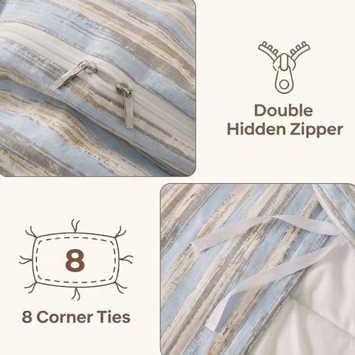 Herside 100% Cotton Striped Duvet Cover Set King Size, Gray Blue