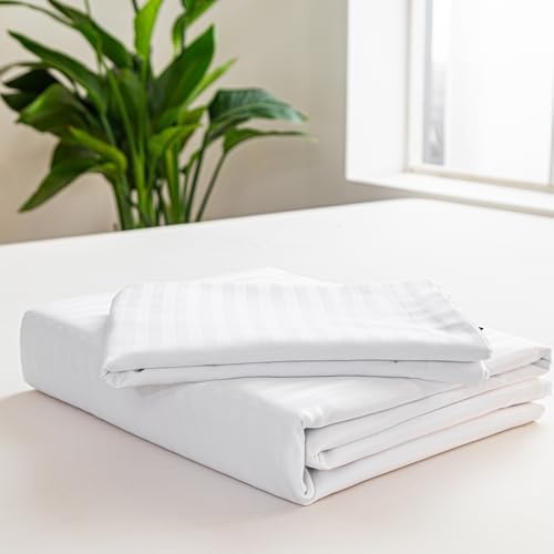 Hotel Duvet Cover Queen Size White Satin Pin Striped 3 Piece Set