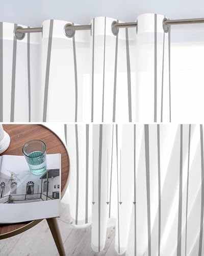Gray Striped Sheer Curtains 63 Inch Length Grommet Semi Sheer Drapes