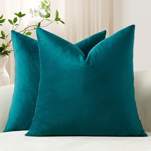 DEZENE Throw Pillow Covers 22x22 Teal: Pack of 2 Cozy Soft Velvet