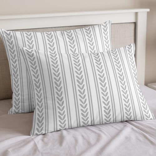 Full Duvet Cover Set 4 Piece, Modern Rustic Boho Leaves Stripe Soft