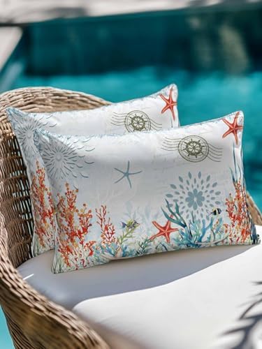 12x20 Outdoor Pillows Set of 2, Coastal Blue Waterproof Throw Pillow