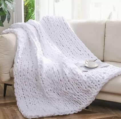 Chunky Knit Throw Blanket, Cream Hand Knitted Thick Yarn Blanket, Soft