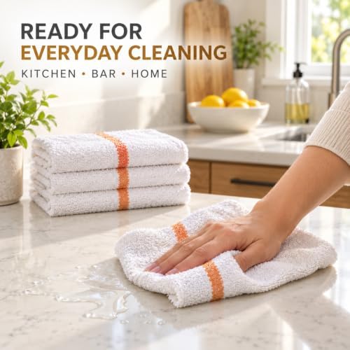 Bar Mop Towels 12 Pack, 16x19 Inch 100% Cotton Gold Stripe Kitchen