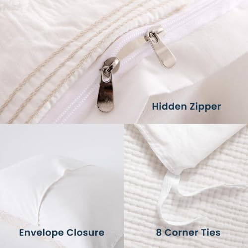 SLEEP ZONE Queen Duvet Cover Set, Tufted Boho Cotton Blend, Beige