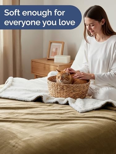 Sherpa Fleece Blanket Throw XL Size - Reversible Blanket - Camel, 50"