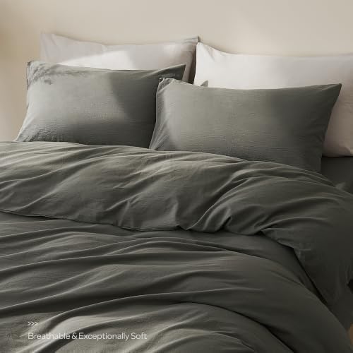 JELLYMONI 100% Cotton Queen Duvet Cover Set, Washed Linen-Like Texture