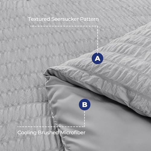 Duvet Cover Full Size, Seersucker Bedding Set, 3 Pieces, Light Grey