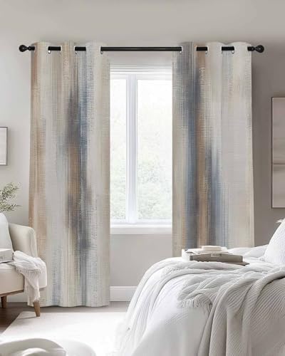 Beige Gray Blackout Curtain 63 Inch Length 2 Panels Set, Abstract
