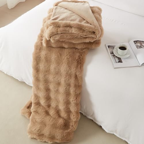 Taupe Faux Rabbit Fur Bubble Throw Blanket 50 x 60 in